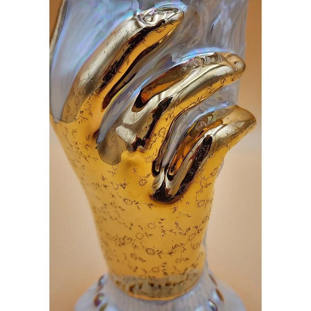 Vintage RARE 22K Gold Lace Glove Holding LUSTERWARE Opalescent Sculptured Vase